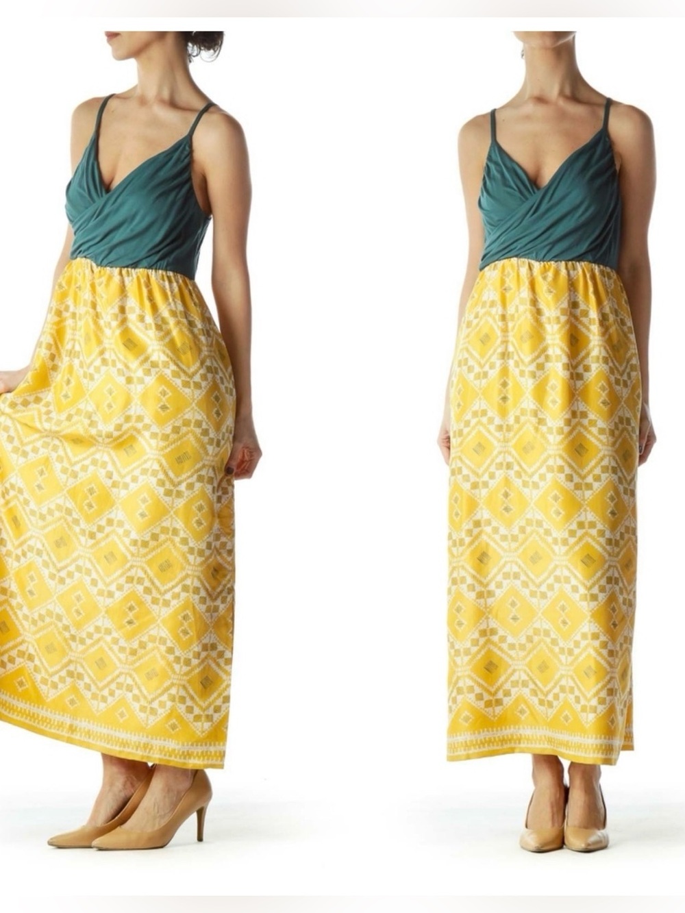 Edme & Esyllte Anthropologie Silk Cross Front Teal Yellow Tile Maxi Dress Sz 4